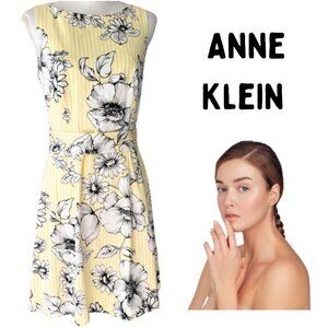 ANNE KLEIN Yellow & White Striped Sleeveless Lined Floral Dress - Women's 10